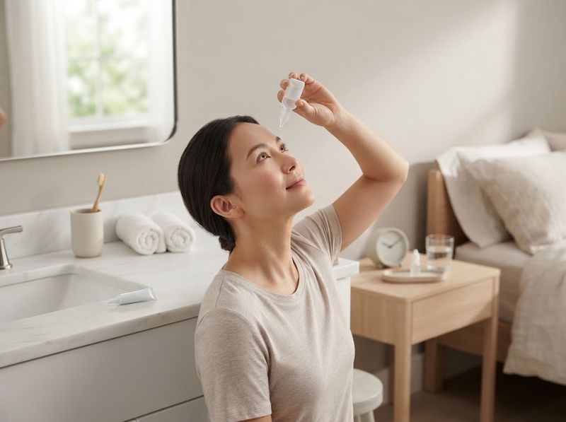 A 15 mL Muro 128 solution bottle held above an open eye at a bathroom sink