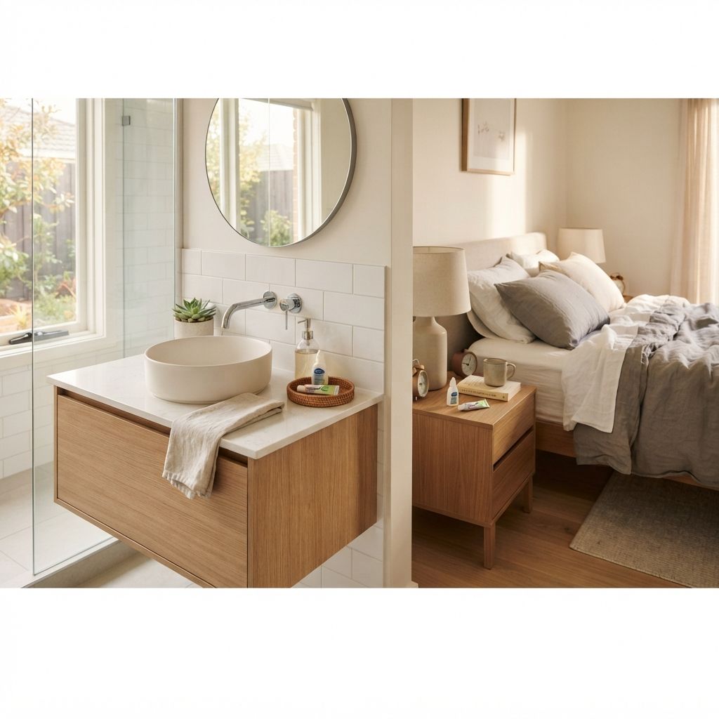 Muro 128 eye drop bottle and ointment tube on a bathroom vanity in morning light